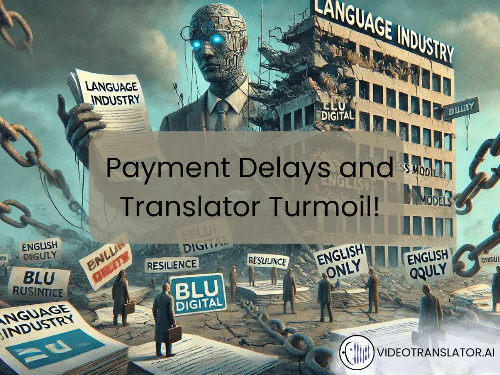 Image capturing the turbulence in the language services industry, highlighting the financial struggles of companies like Blu Digital, the impact of regulatory reforms, and the tension between old business models and emerging resilience and equity.
