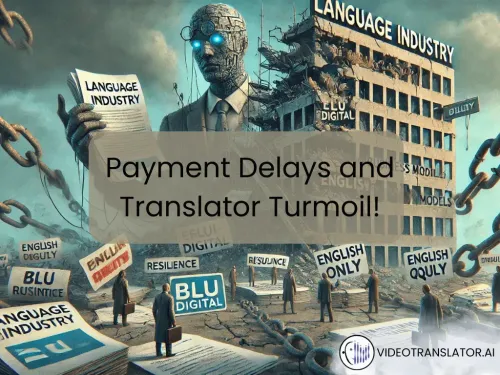 Image capturing the turbulence in the language services industry, highlighting the financial struggles of companies like Blu Digital, the impact of regulatory reforms, and the tension between old business models and emerging resilience and equity.